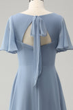 Cinzento Azul V-Neck Puff Chiffon Long Vestido de Dama de Honra com Hollow out Back