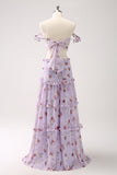 Cinza roxo A-line fora do ombro vestido floral da dama de honra