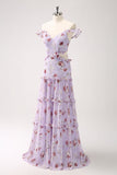 Cinza roxo A-line fora do ombro vestido floral da dama de honra