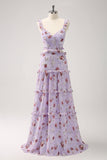 Cinza roxo A-line fora do ombro vestido floral da dama de honra
