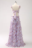 Cinza roxo A-line fora do ombro vestido floral da dama de honra