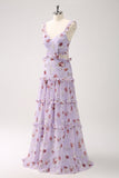 Cinza roxo A-line fora do ombro vestido floral da dama de honra