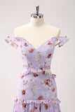 Cinza roxo A-line fora do ombro vestido floral da dama de honra
