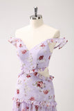 Cinza roxo A-line fora do ombro vestido floral da dama de honra
