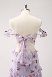 Cinza roxo A-line fora do ombro vestido floral da dama de honra
