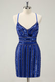 Sparkly Royal Blue Tight Sequined Spaghetti Correias Homecoming Vestido