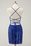 Sparkly Royal Blue Tight Sequined Spaghetti Correias Homecoming Vestido