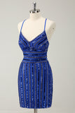 Sparkly Royal Blue Tight Sequined Spaghetti Correias Homecoming Vestido