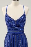 Sparkly Royal Blue Tight Sequined Spaghetti Correias Homecoming Vestido