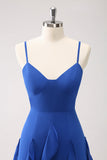 A-Line Dark Blue Espaghetti Correias Vestido Madrinha com Folhos