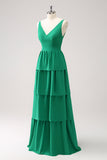 Verde A-Line V-Neck Tiered Vestido de Dama de Honra Longo