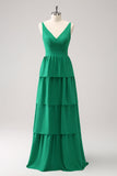 Verde A-Line V-Neck Tiered Vestido de Dama de Honra Longo