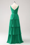 Verde A-Line V-Neck Tiered Vestido de Dama de Honra Longo