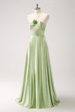 Verde claro A-Line Halter Hollow out cetim vestido de dama de honra com flor