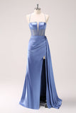 Espaguete Azul Brilhante Correias Corset Prom Dress com Renda-Up Back