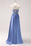 Espaguete Azul Brilhante Correias Corset Prom Dress com Renda-Up Back