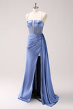 Espaguete Azul Brilhante Correias Corset Prom Dress com Renda-Up Back