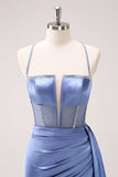 Espaguete Azul Brilhante Correias Corset Prom Dress com Renda-Up Back