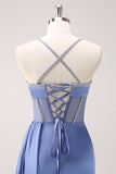 Espaguete Azul Brilhante Correias Corset Prom Dress com Renda-Up Back