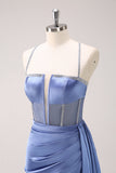 Espaguete Azul Brilhante Correias Corset Prom Dress com Renda-Up Back