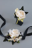 Luxo Preto Branco Homecoming Corsage Pulso e Conjunto Boutonniere Masculino