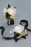 Luxo Preto Branco Homecoming Corsage Pulso e Conjunto Boutonniere Masculino