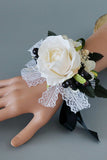 Luxo Preto Branco Homecoming Corsage Pulso e Conjunto Boutonniere Masculino