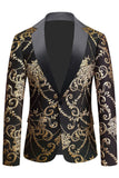 Black Golden Notched Lapela Jacquard Blazer Masculino