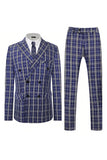 Royal Blue Plaid Peak Lapela Peito Duplo 2 Peças Terno Masculino