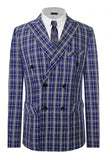 Royal Blue Plaid Peak Lapela Peito Duplo 2 Peças Terno Masculino