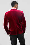 Borgonha Notched Lapel Velvet Single Breasted Blazer Masculino