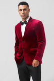 Borgonha Notched Lapel Velvet Single Breasted Blazer Masculino