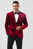 Borgonha Notched Lapel Velvet Single Breasted Blazer Masculino