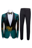 Peacock Green 2 Peças Jacquard Xale Lapela Ternos Masculinos