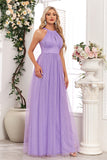 Sparkly roxo uma linha Halter Long Prom Dress