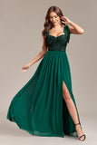 Lantejoulas verdes brilhantes vestido longo baile de formatura com fenda