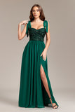 Lantejoulas verdes brilhantes vestido longo baile de formatura com fenda