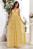 Vestido de baile longo amarelo V-neck com apliques