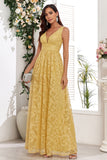 Vestido de baile longo amarelo V-neck com apliques