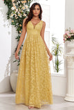 Vestido de baile longo amarelo V-neck com apliques