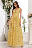 Vestido de baile longo amarelo V-neck com apliques