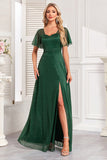 Brilhante verde escuro uma linha longo vestido de baile com fenda