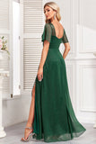 Brilhante verde escuro uma linha longo vestido de baile com fenda