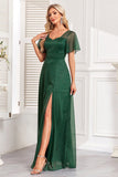 Brilhante verde escuro uma linha longo vestido de baile com fenda