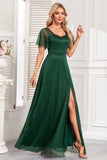 Brilhante verde escuro uma linha longo vestido de baile com fenda