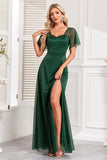 Brilhante verde escuro uma linha longo vestido de baile com fenda