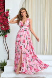 Pink Flower Print plissado uma linha longo vestido de baile com fenda