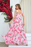 Pink Flower Print plissado uma linha longo vestido de baile com fenda