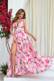 Pink Flower Print plissado uma linha longo vestido de baile com fenda