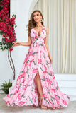 Pink Flower Print plissado uma linha longo vestido de baile com fenda